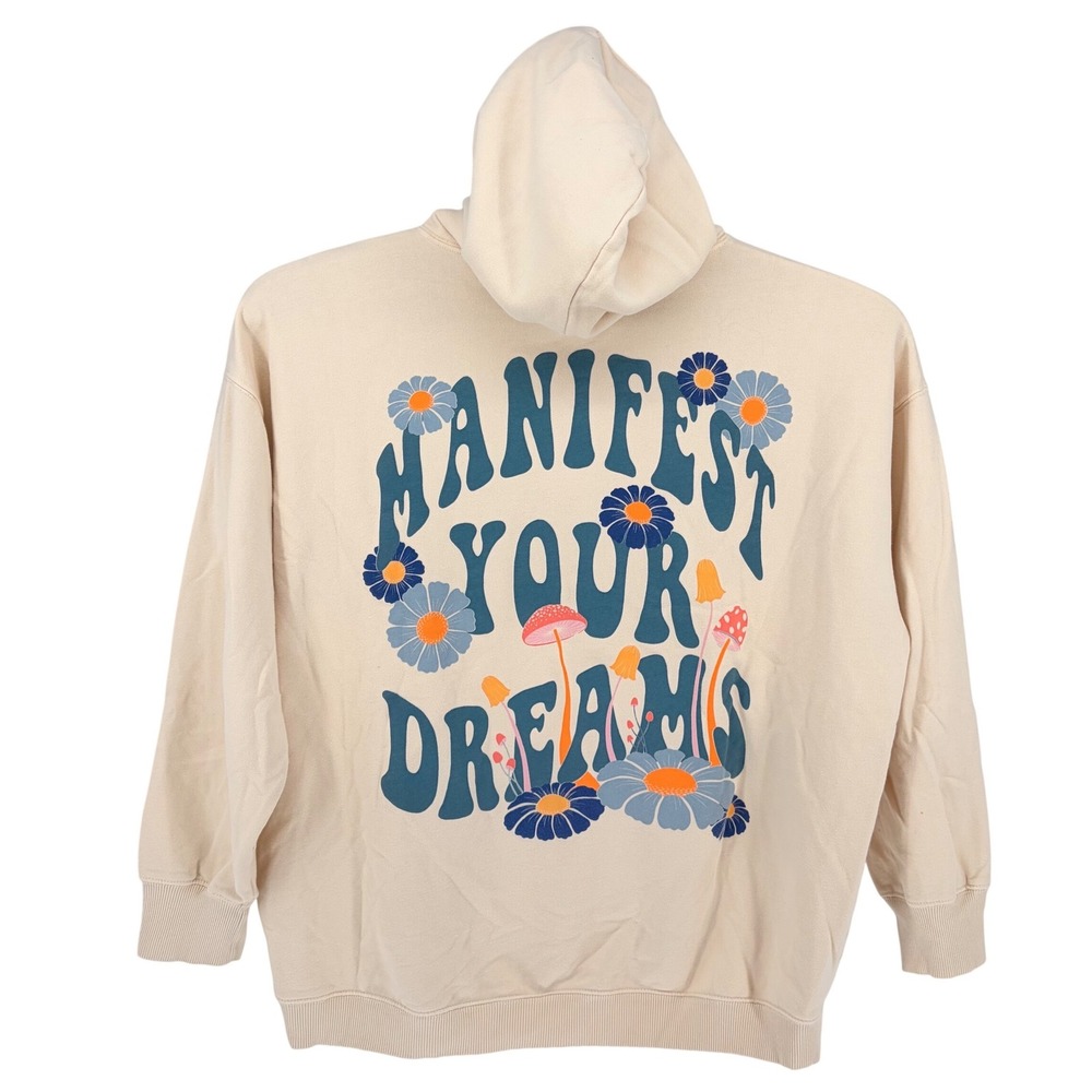 American Eagle Hoodie L/XL Beige Manifest Your Dreams Mushroom Graphic Oversized